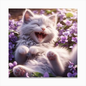 Cat Laughing In Purple Flowers Canvas Print