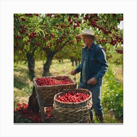 Farmer Picking Cherries In An Orchard Canvas Print