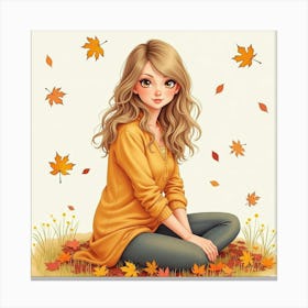 Watercolor Taylor Swift In A Cozy Autumn Scene, Leaves Softly Falling Around Canvas Print