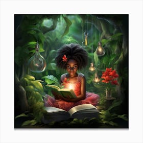 Little Girl Reading In The Forest Canvas Print