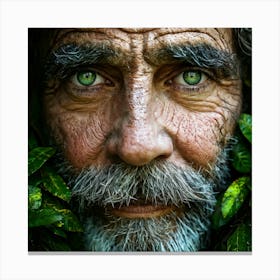 Portrait Of A Weathered Man With A Furrowed Face Composed Of A Mosaic Of Colored Leaves And Textured Canvas Print