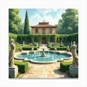 Lush Italian Garden With Watercolor Details, Featuring Fountains And Sculptures 1 Canvas Print