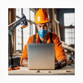 Construction Worker Working On Laptop Canvas Print