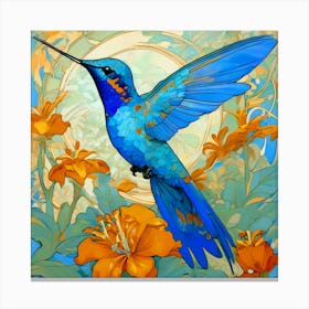 Blue Hummingbird With Orange Blooms Canvas Print