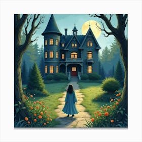 Horror Being In A Watercolor Haunted Mansion S Garden 1 Canvas Print