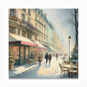 Paris cafes, winter season, Christmas, pale colors, pedestrians in the street, winter clothes, falling snow.8 Canvas Print