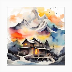 Abstract painting of a mountain village with snow falling 3 Canvas Print