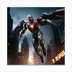 A Steel Winged Cyborg Superhero Battered And Defined By The Scars Of Countless Battles Positioned Canvas Print