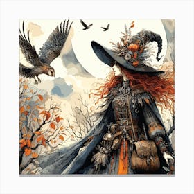 Portrait Of A Witch And The Owl Vector Style In Raster Format Canvas Print