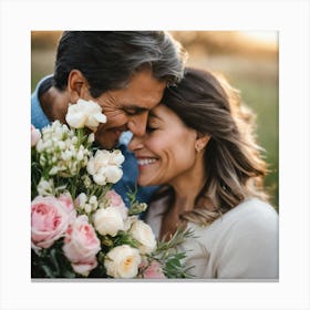 Happy Couple Holding Bouquet Of Flowers Canvas Print