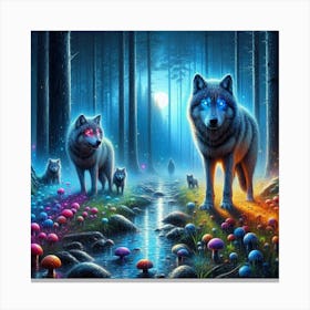 Mystical Forest Wolves Seeking Mushrooms and Crystals 8 Canvas Print