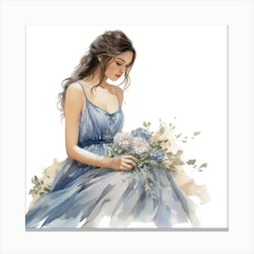 Watercolor Girl In Blue Dress Canvas Print
