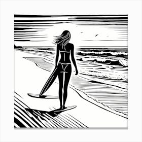 Linocut Black And White Surfer Girl On A Wave art, surfing art, 267 Canvas Print
