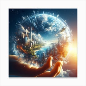 Hand Holding A Globe With City Canvas Print