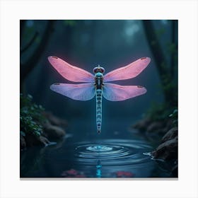 A Dreamy Dragonfly With Wings Of Shimmering, Neon Colors Hovering Over A Mystical Pond 1 Canvas Print