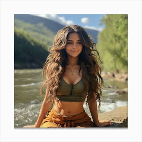Beautiful Woman Sitting By A River 1 Canvas Print