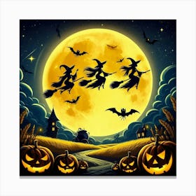 Halloween Witches Flying In The Sky Canvas Print