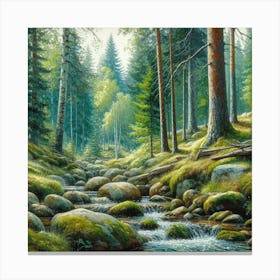 Stream In The Forest, Acrylic Painting Style 13 Canvas Print