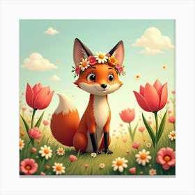 A Curious Fox Wearing A Flower Crown, Standing In A Meadow Of Giant Tulips And Daisies Canvas Print