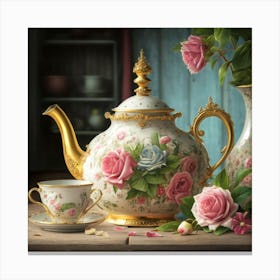 A very finely detailed Victorian style teapot with flowers, plants and roses in the center with a tea cup 5 Canvas Print