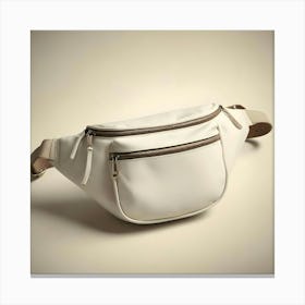 A White Fanny Pack With Two Zippered Compartments And A Beige Strap, Shown On A Beige Background Canvas Print