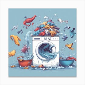 Washing Machine - A pile of laundry on a washing machine, but the clothes are not just floating in mid-air, they are dancing and swirling. The washing machine itself is also spinning upside down, and the water is flowing in all directions. The scene is rendered in a whimsical, cartoonish style. Canvas Print