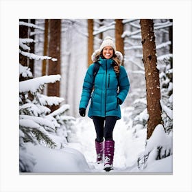 Beautiful woman in winter gear hiking on a snowy trail in the woods Canvas Print