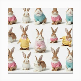 Seamless Pattern With Easter Bunnies In Colorful Knitted Sweaters, On White Background, Photo Stampe su tela