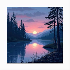 Watercolor Twilight Over A Glowing Forest Lake 1 Canvas Print