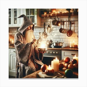 Wizard cooking a meal in a cozy modern kitchen 4 Canvas Print