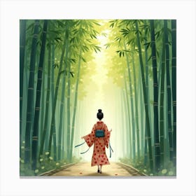 Japanese Woman Walking Through A Bamboo Forest At Dawn, The Air Misty And Serene, Watercolor Painting Canvas Print