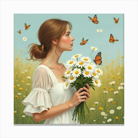 A Woman In A White Dress, Holding A Bouquet Of Daisies, With Butterflies Surrounding Her In A Meadow Canvas Print