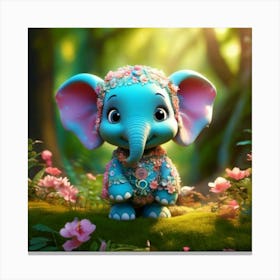 Firefly 3d, Animated, Cute, Little, Round, Turquoise, Elephant, Baby, Forest, Pink Flowers, Whimsica (6) Canvas Print