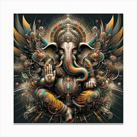 "Techno-Ganesha: The Divine Matrix"  This artwork is an avant-garde representation of Ganesha, a revered deity in Hindu culture, reimagined within a technologically advanced universe. The figure of Ganesha is intricately detailed and set against a backdrop that melds cosmic patterns with digital circuitry. The traditional iconography is transformed by an infusion of futuristic elements, suggesting a synthesis between spirituality and the digital age. The elaborate halo and the surrounding celestial motifs highlight Ganesha's universal significance and wisdom.  "Techno-Ganesha: The Divine Matrix" merges the ancient wisdom of Ganesha with the boundless possibilities of the future, making it a profound statement piece for any space. It is perfect for those who appreciate the blending of cultural tradition with modern innovation, offering a daily reminder of the harmonious coexistence between the spiritual and the technological. Canvas Print
