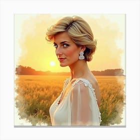 Beautiful Watercolor Portrait Of Princess Diana With A Golden Sunset 1 Canvas Print