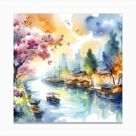 Watercolor Of Chinese City Canvas Print