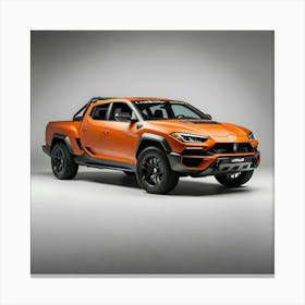 A Sleek, Vibrant Orange Lamborghini Urus, Extensively Modified With A Full Body Kit, Transformed Into A Rugged Pickup Truck With A Sturdy Rear Bed, Aggressive Wheel Wells, And A Distinctive Bumper, Featuring Sharp, Angular Lines 1 Canvas Print