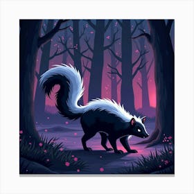 A Skunk With A Glowing Vapor Trail, Prowling Through A Neon Lit Forest At Night Canvas Print