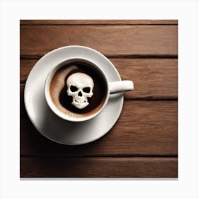 A Cup Of Coffee Placed On A Brown Table This Coffee Has White Foam In The Shape Of Skull Hyper Rea Canvas Print