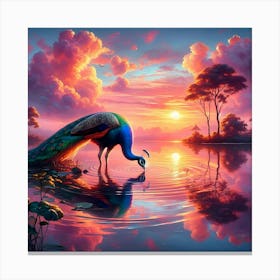 Peacock Drinking From Lake At Sunrise Canvas Print