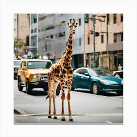 Giraffe Crossing The Street Canvas Print