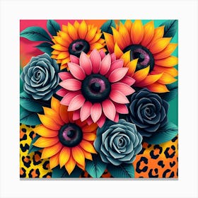 Colourful sunflowers with petals in shades of pink, orange, Canvas Print