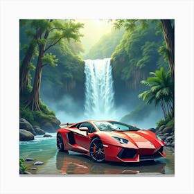 Lamborghini Aventador By A Watercolor Waterfall In A Tropical Forest 1 1 Canvas Print