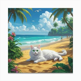 White Cat On The Beach Canvas Print