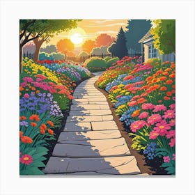 Colorful Landscape Painting With Flowering Daisies In Naive Art Style (3) Canvas Print