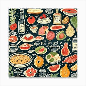 Seamless Pattern With Fruits And Vegetables, Foodie Traveler A Delicious Featuring Iconic Dishes From Different Countries Canvas Print