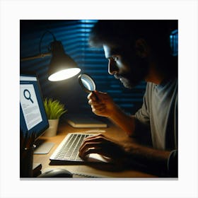 Man Looking At Computer Screen At Night Canvas Print