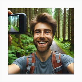 A Cheerful Travel Vlogger Films a Close-up Selfie Video in the Norwegian Green Wilderness Canvas Print