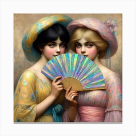 Two Girls Holding A Fan 3 Canvas Print