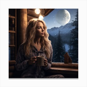 Beautiful Girl In Pajamas At Night Canvas Print